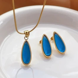 Elegant Blue Teardrop Pendant Necklace and Earring Set